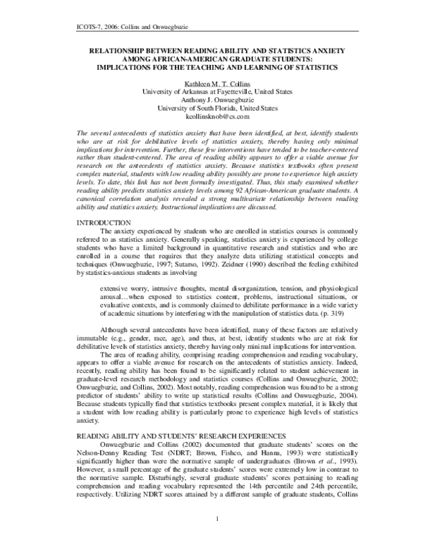 (PDF) Relationship Between Reading Ability and Statistics Anxiety Among ...