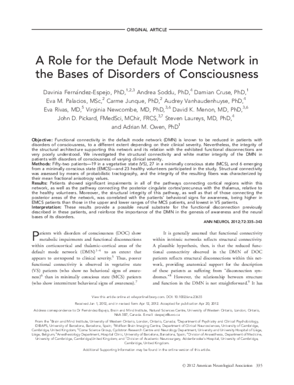 (PDF) A role for the default mode network in the bases of disorders of ...