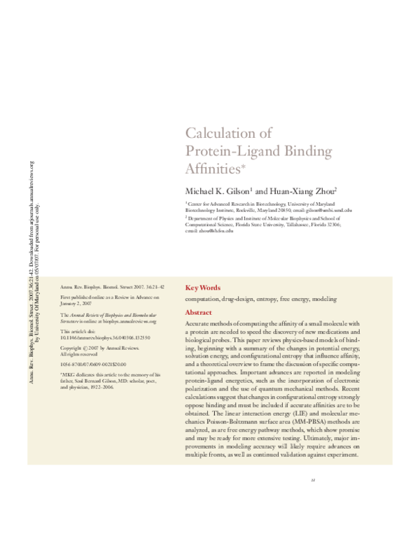 (PDF) Calculation of Protein-Ligand Binding Affinities