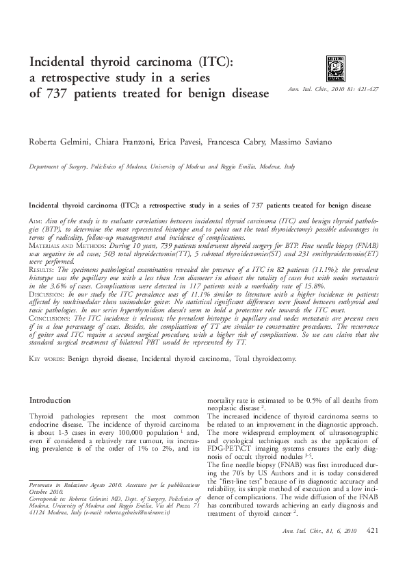 (PDF) Incidental thyroid carcinoma (ITC): a retrospective study in a ...