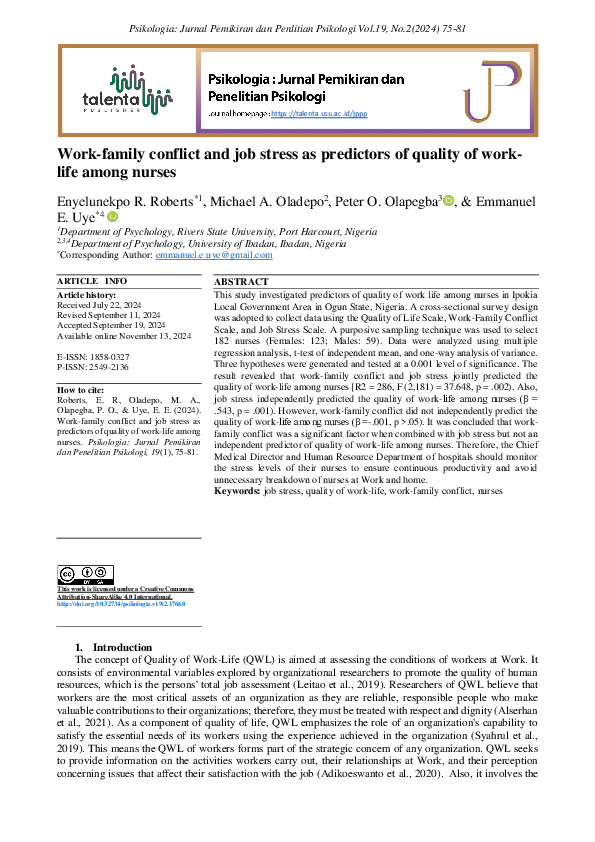 (PDF) Work-family conflict and job stress as predictors of quality of ...