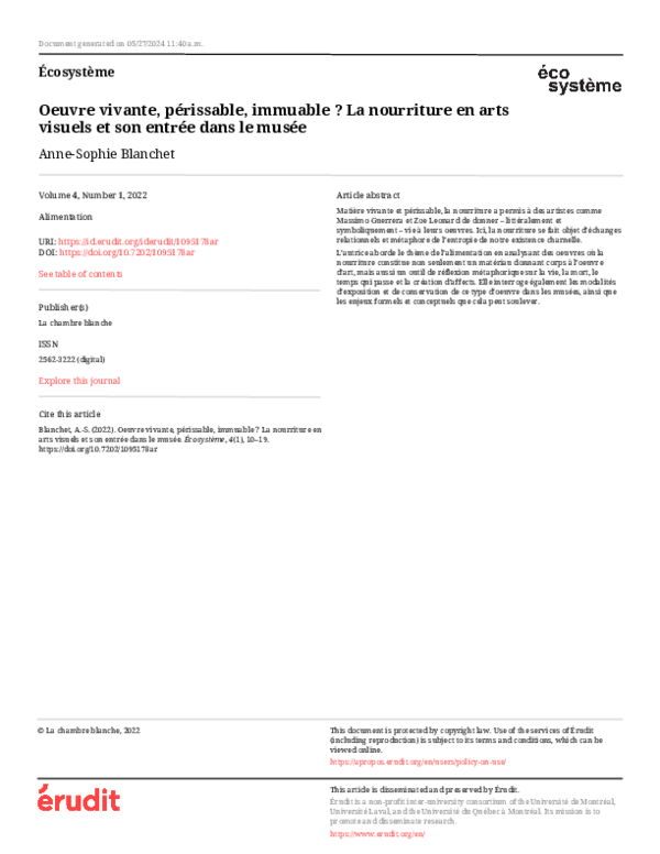 (PDF) Oeuvre vivante, périssable, immuable ? La nourriture en arts ...