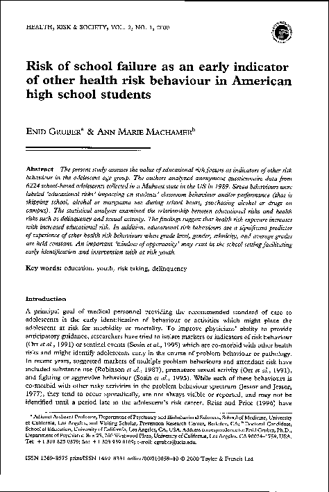(PDF) Risk of school failure as an early indicator of other health risk ...