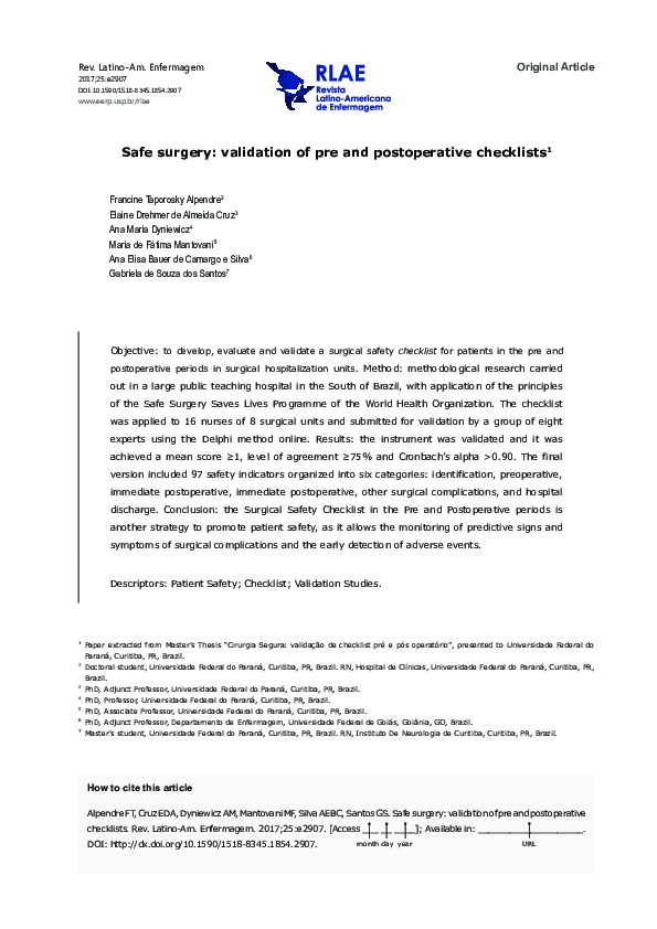 (PDF) Safe surgery: validation of pre and postoperative checklists
