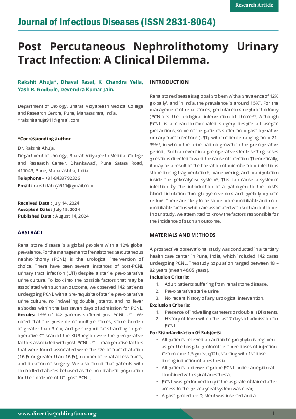 (PDF) Post Percutaneous Nephrolithotomy Urinary Tract Infection A ...