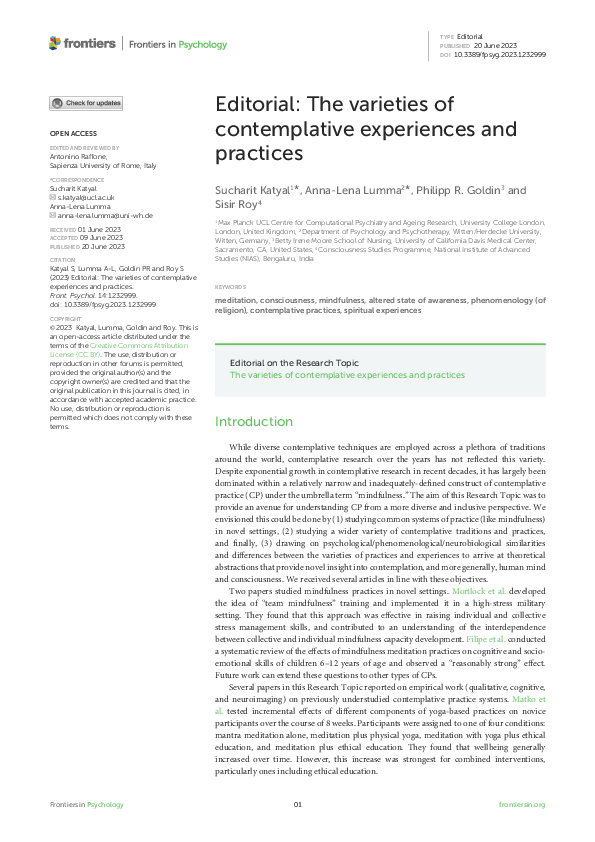 (PDF) Editorial: The Varieties of Contemplative Experiences and Practices