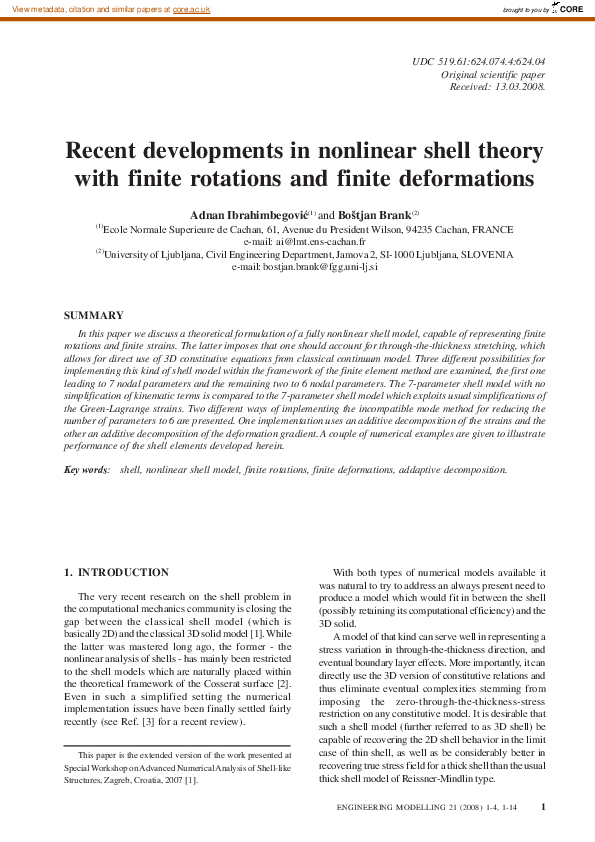 (PDF) Recent developments in nonlinear shell theory with finite ...