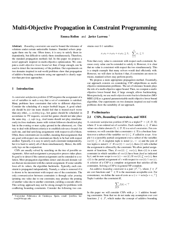 (PDF) Multi-objective propagation in constraint programming