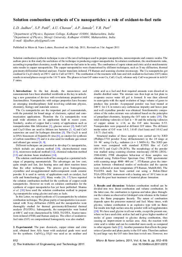 (PDF) Solution combustion synthesis of Cu nanoparticles: a role of ...