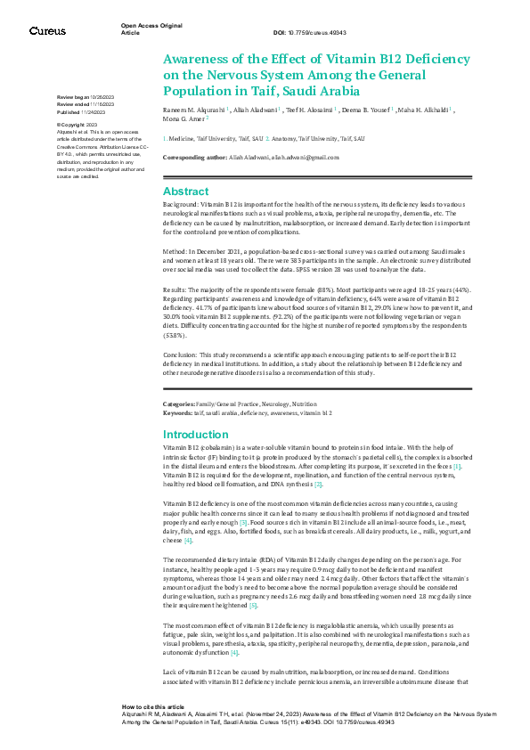 (PDF) Awareness of the Effect of Vitamin B12 Deficiency on the Nervous ...