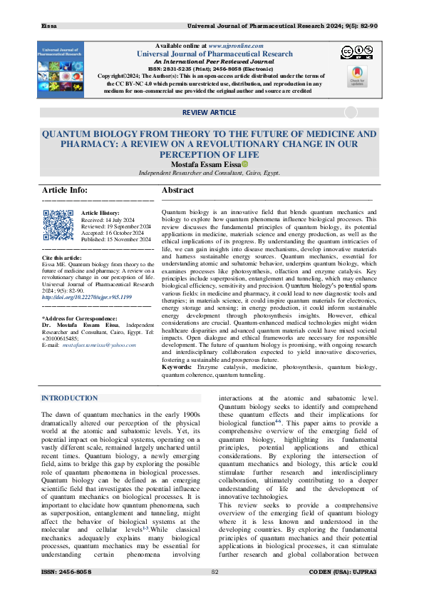 (PDF) QUANTUM BIOLOGY FROM THEORY TO THE FUTURE OF MEDICINE AND ...
