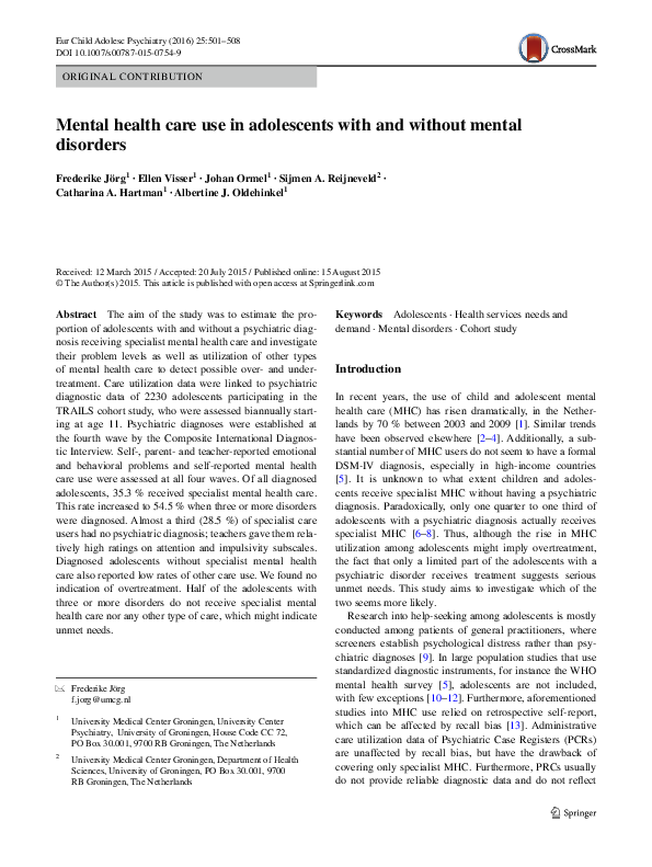 (PDF) Mental health care use in adolescents with and without mental ...