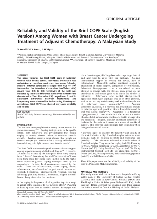 (PDF) Reliability and validity of the Brief COPE Scale (English version ...