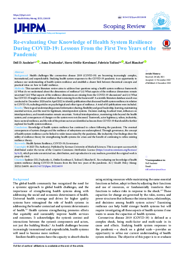 (PDF) Re-evaluating Our Knowledge of Health System Resilience During ...