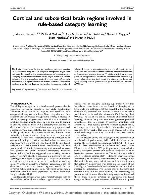 (PDF) Cortical and subcortical brain regions involved in rule-based ...