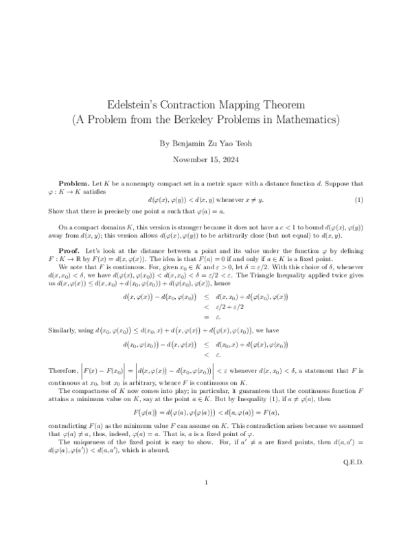 (PDF) Edelstein Contraction Mapping Theorem | Zu Yao Teoh - Academia.edu