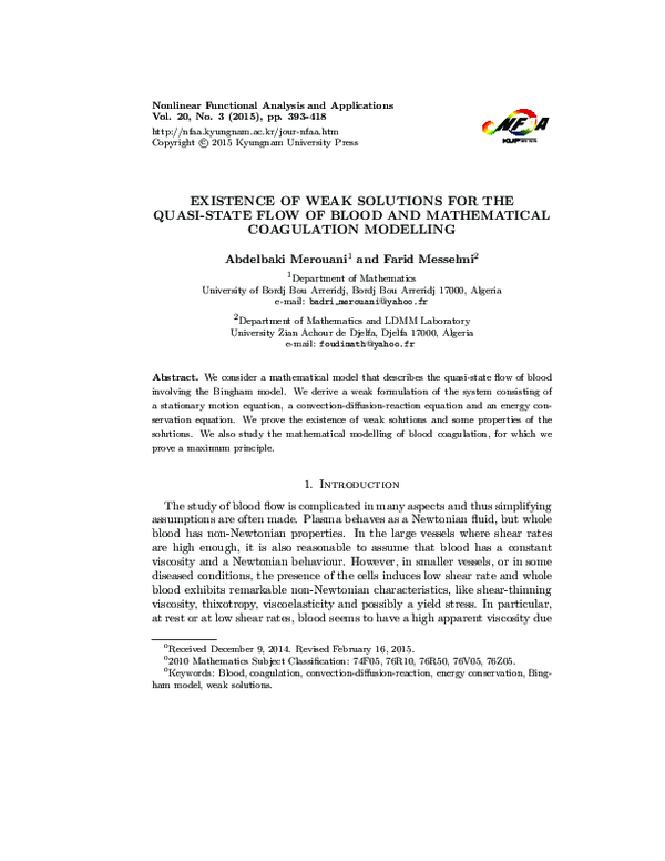(PDF) Existence of Weak Solutions for the Quasi-State Flow of Blood and ...