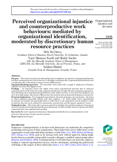 (PDF) Perceived organizational injustice and counterproductive work ...