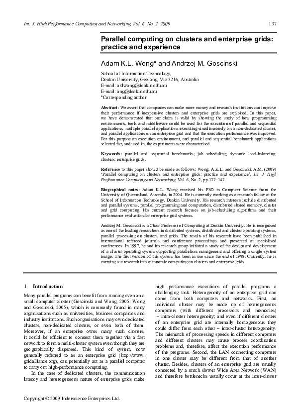 (PDF) Parallel computing on clusters and enterprise grids: practice and ...