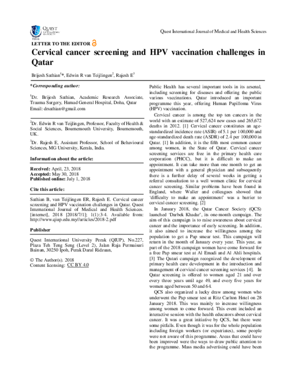 (PDF) Cervical cancer screening and HPV vaccination challenges in Qatar