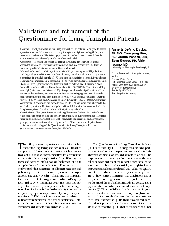 (PDF) Validation and refinement of the Questionnaire for Lung ...