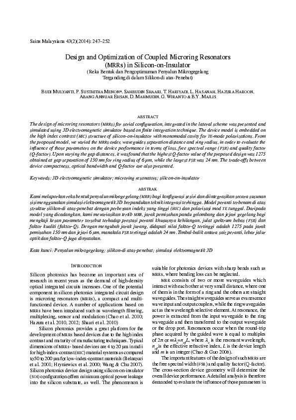 (PDF) Design and Optimization of Coupled Microring Resonators (MRRs) in ...