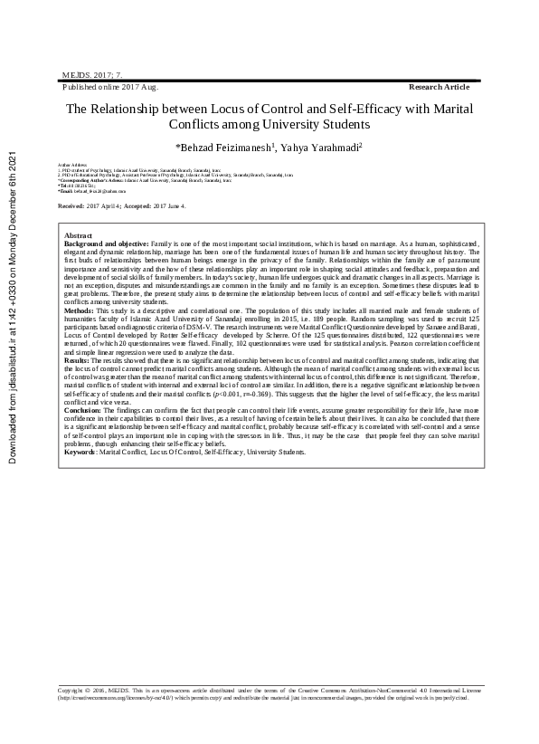 (PDF) The Relationship between Locus of Control and Self-Efficacy with ...
