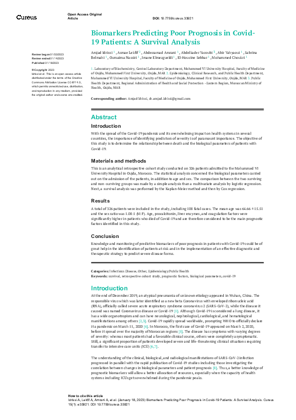 (PDF) Biomarkers Predicting Poor Prognosis in Covid-19 Patients: A ...