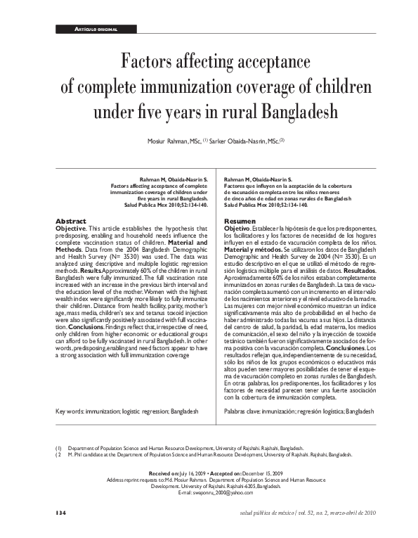 (PDF) Factors affecting acceptance of complete immunization coverage of ...