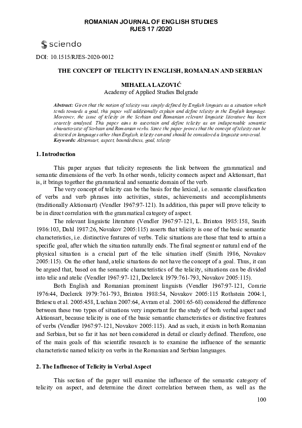 (PDF) The Concept of Telicity in English, Romanian and Serbian