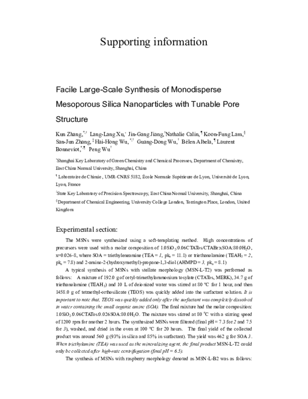 (PDF) Facile Large-Scale Synthesis of Monodisperse Mesoporous Silica ...