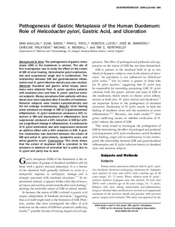 (PDF) Pathogenesis of gastric metaplasia of the human duodenum: Role of ...