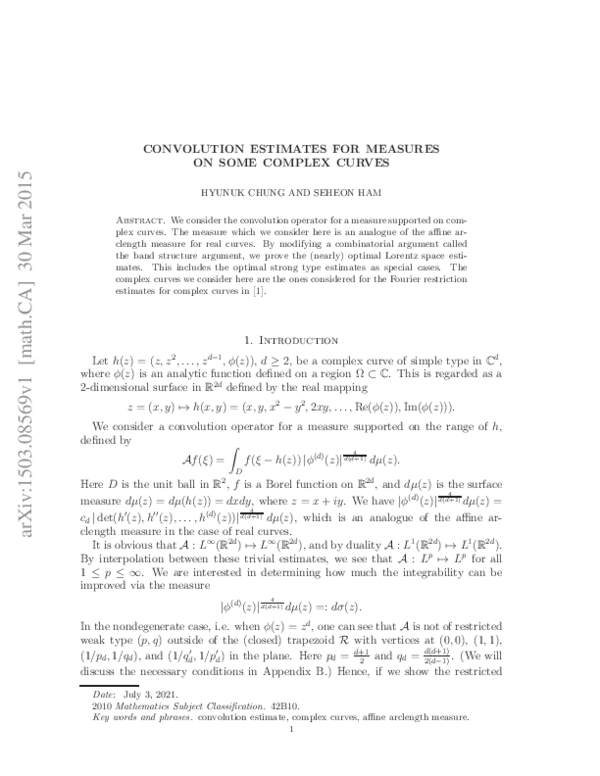 (PDF) Convolution estimates for measures on some complex curves