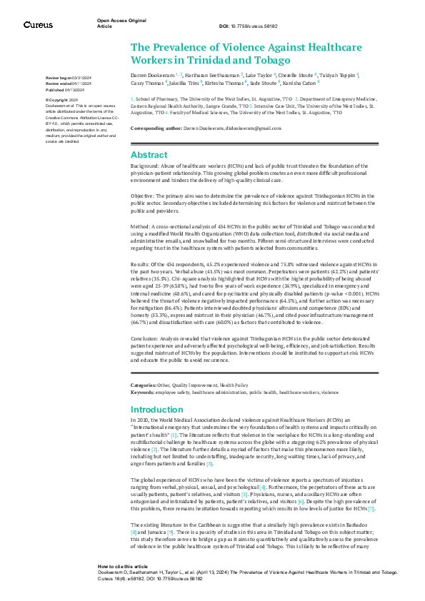 (PDF) The Prevalence of Violence Against Healthcare Workers in Trinidad ...