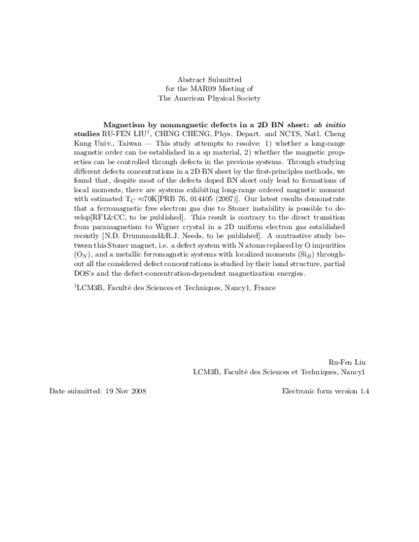 (PDF) Magnetism by nonmagnetic defects in a 2D BN sheet: \textit{ab ...
