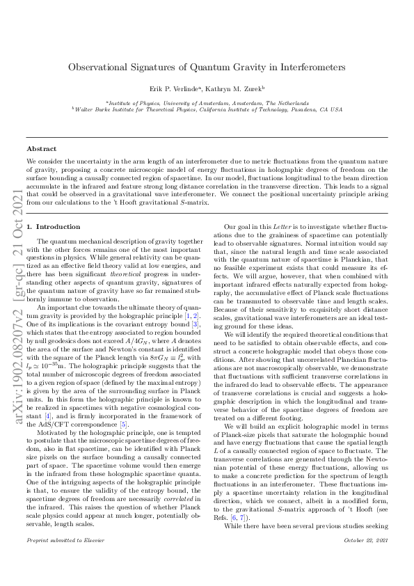 (PDF) Observational signatures of quantum gravity in interferometers