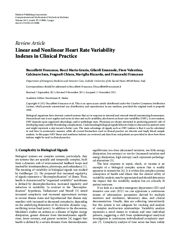 (PDF) Linear and Nonlinear Heart Rate Variability Indexes in Clinical ...