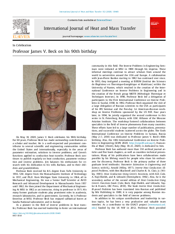 (PDF) Professor James V. Beck on his 90th birthday