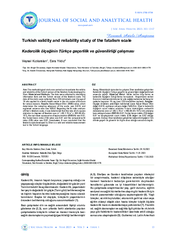 (PDF) Turkish validity and reliability study of the fatalism scale