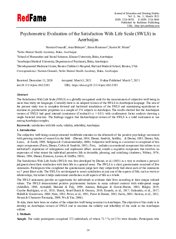 (PDF) Psychometric Evaluation of the Satisfaction With Life Scale (SWLS ...