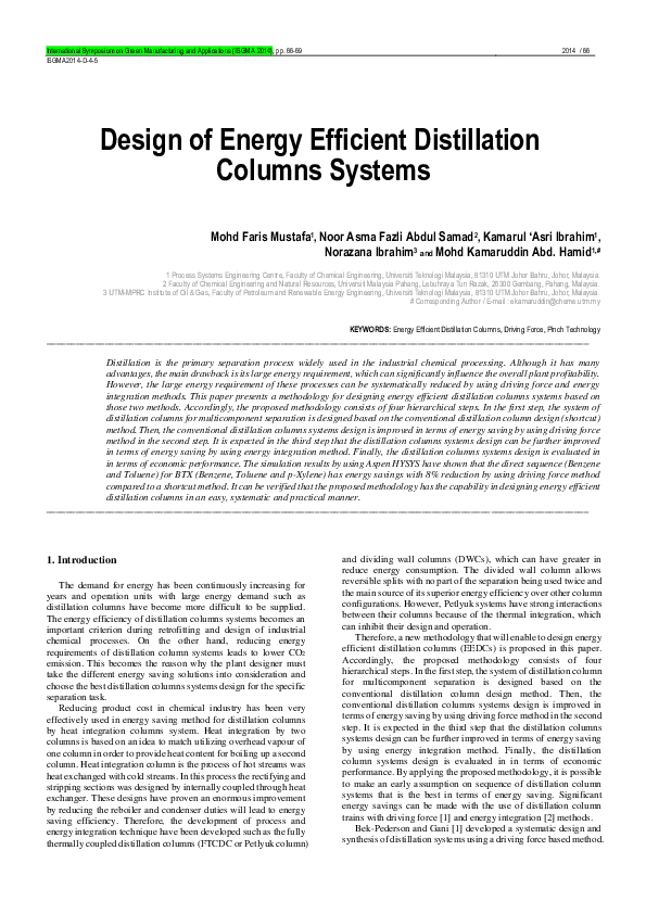 (PDF) Design of Energy Efficient Distillation Columns for Separation of ...