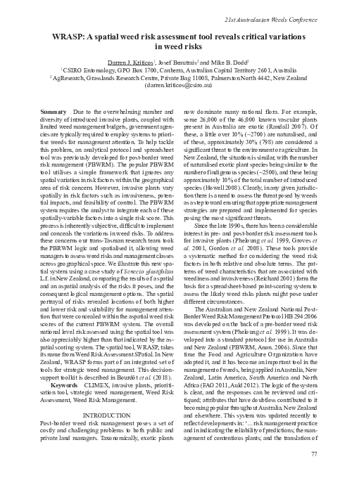 (PDF) WRASP: a spatial weed risk assessment tool reveals critical ...
