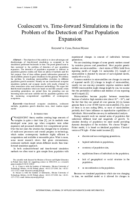 (PDF) Coalescent vs . Time-forward Simulations in the Problem of the ...