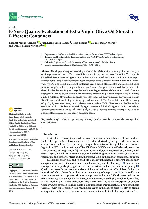 (PDF) E-Nose Quality Evaluation of Extra Virgin Olive Oil Stored in ...