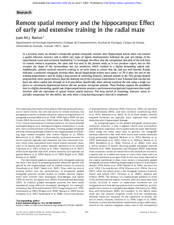 (PDF) Remote spatial memory and the hippocampus: Effect of early and ...