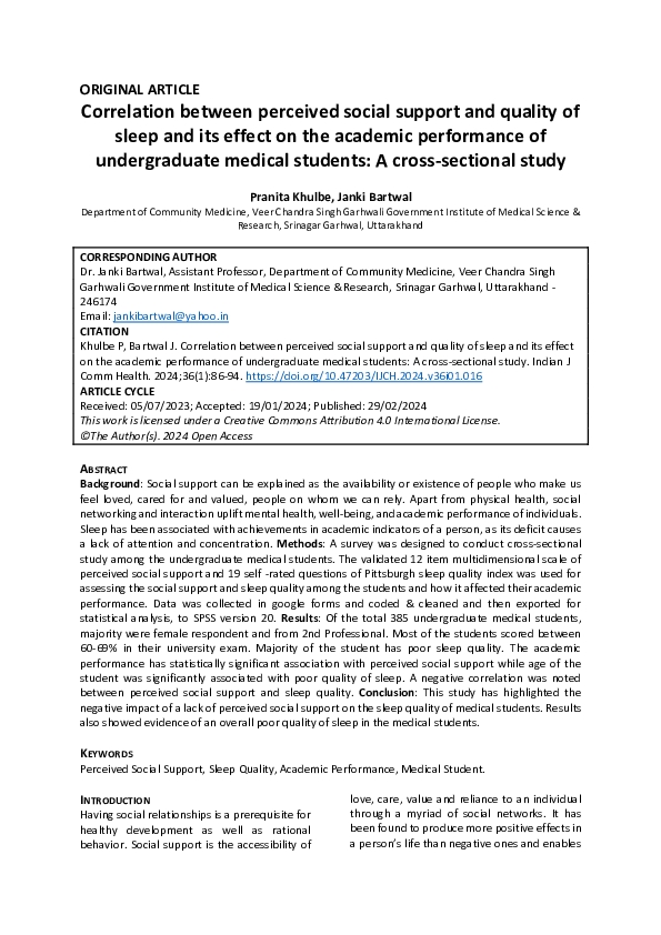 (PDF) Correlation between perceived social support and quality of sleep ...
