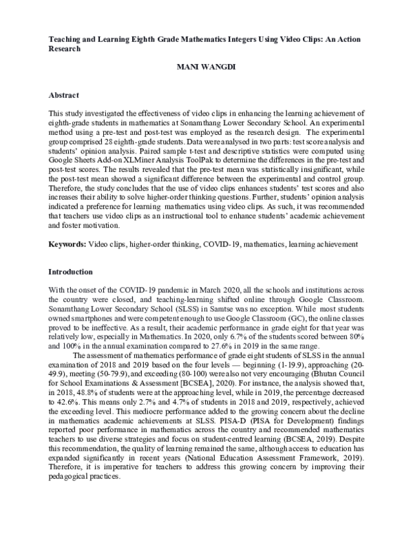 (PDF) Teaching and Learning Eighth Grade Mathematics Integers Using ...