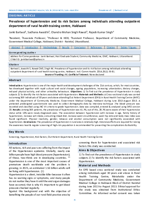 (PDF) Prevalence of hypertension and its risk factors among individuals ...