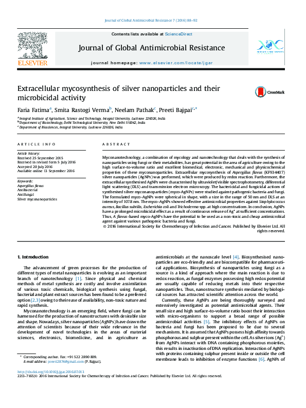 (PDF) Extracellular mycosynthesis of silver nanoparticles and their ...