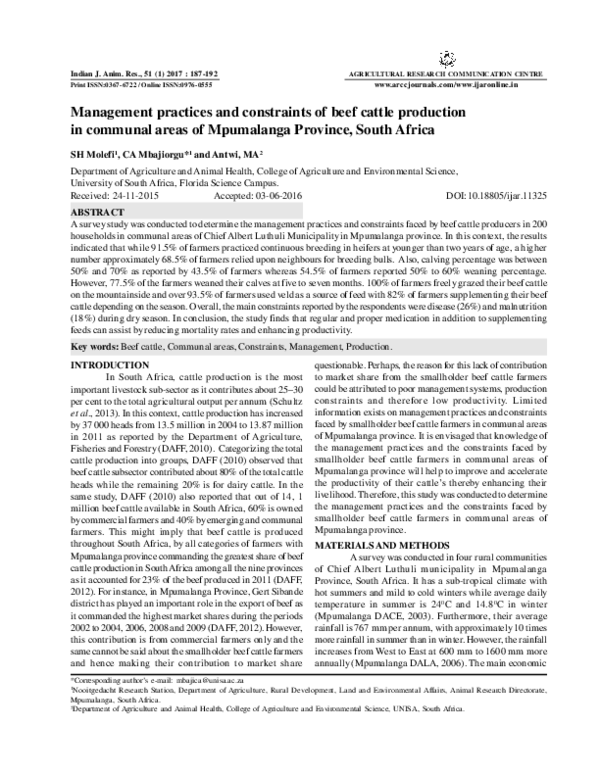 (PDF) Management practices and constraints of beef cattle productionin ...